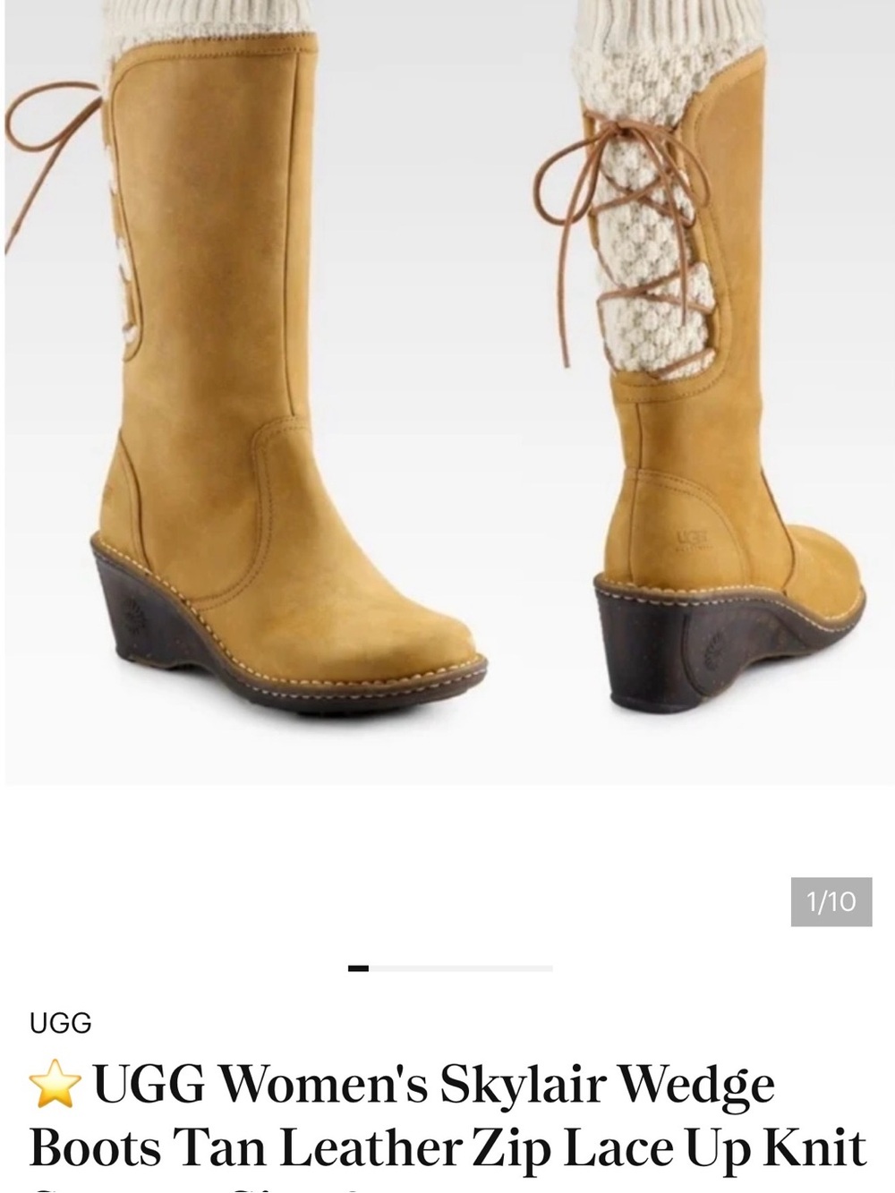 UGG Tan Leather Wedge Boots with Knit Lace-Up Shaft